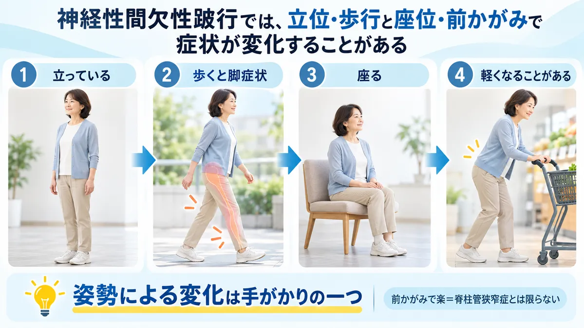 神経性間欠性跛行で立位や歩行と座位や前かがみにより症状が変化する様子