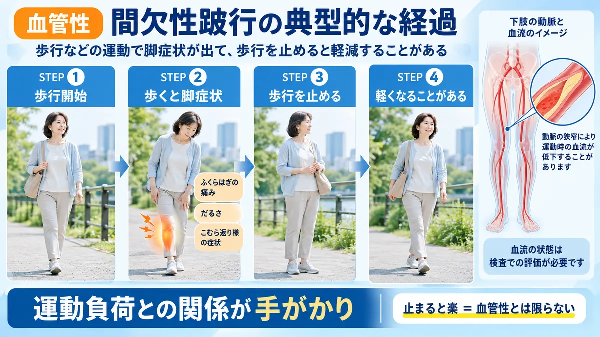 血管性間欠性跛行で歩行により脚症状が出て歩行停止で軽減する流れ