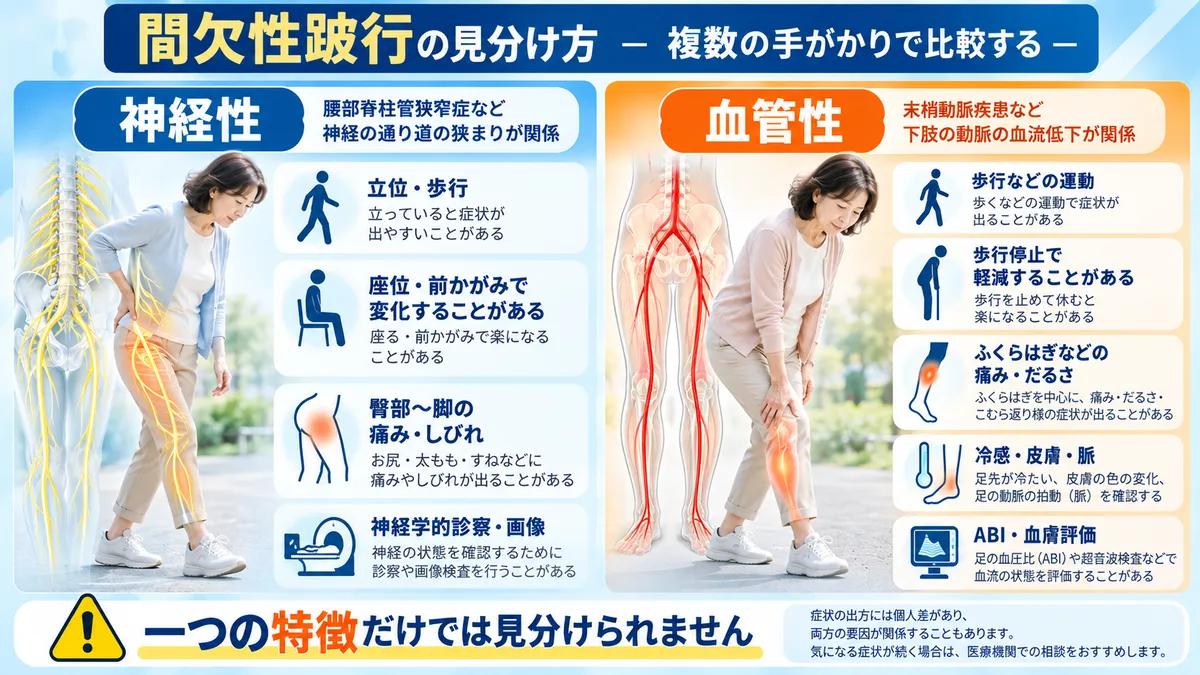 神経性間欠性跛行と血管性間欠性跛行の症状や休み方、医療評価の違いを比較した図