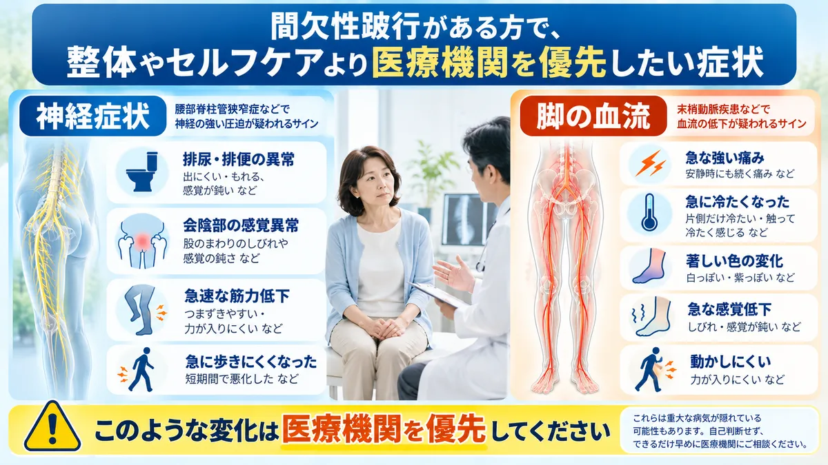 間欠性跛行で排尿排便異常や急な脚の冷感など医療機関を優先したい症状を示す図