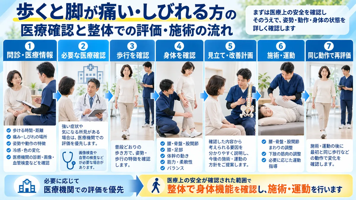 必要な医療確認後に歩行や身体機能を確認し施術後に同じ動作を再評価する墨東メディカル整体院の流れ