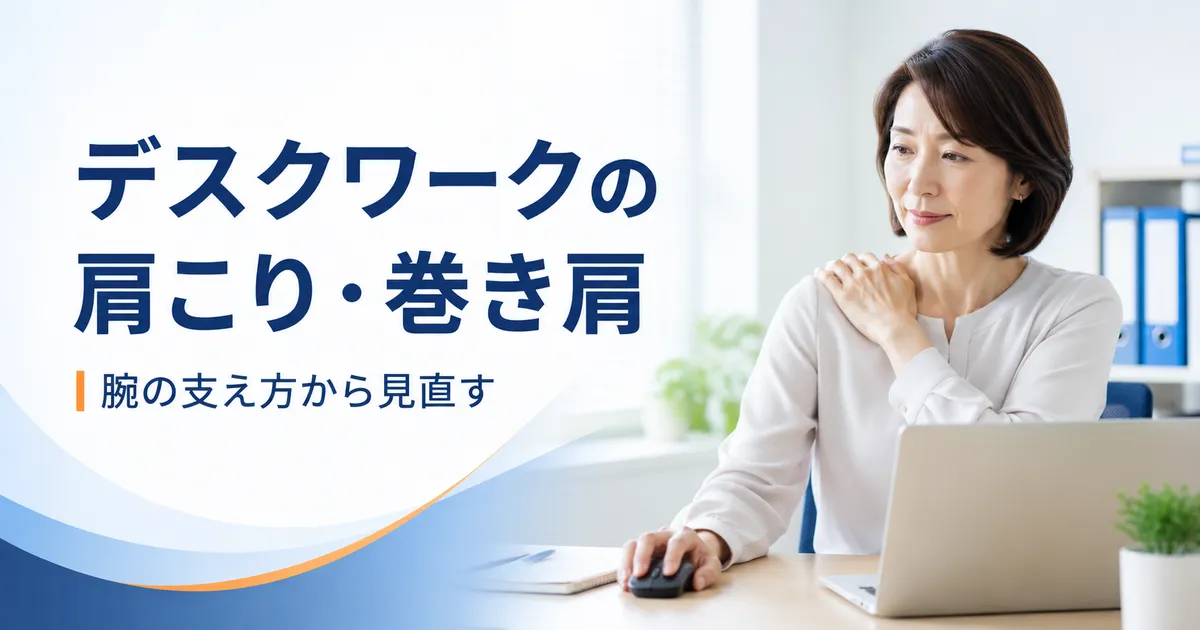 デスクワーク中に右肩の重さが気になる50代女性と腕の支え方を見直す記事のアイキャッチ