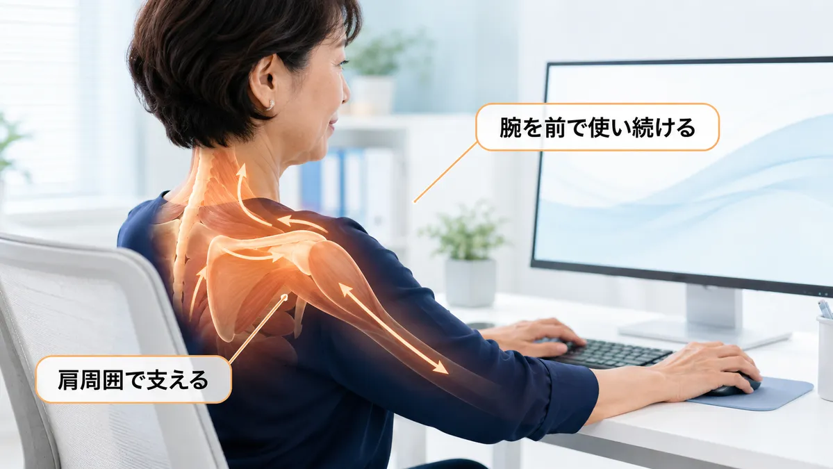 パソコン作業で両腕を身体の前へ出し続け肩周囲に負担がかかる様子