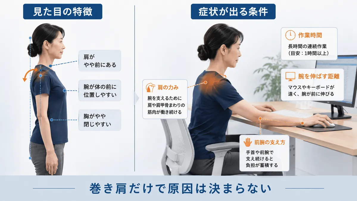 巻き肩という見た目の特徴と肩こりが生じる作業条件を分けて考える図解