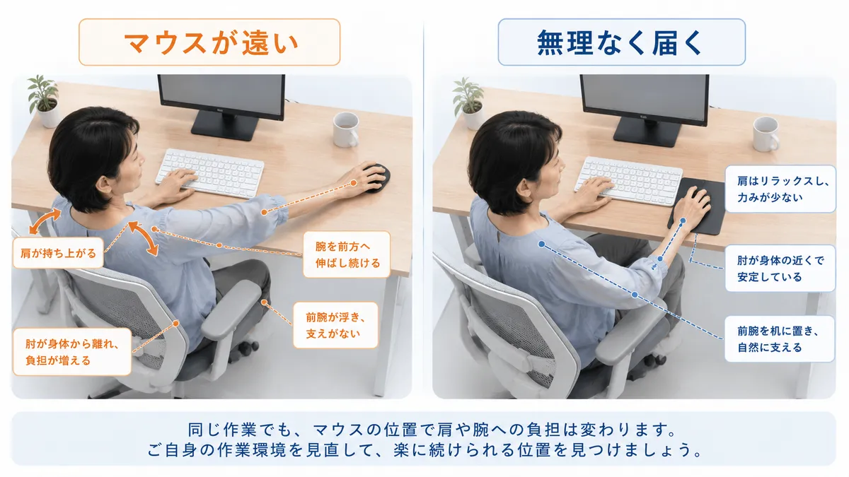 遠いマウスへ腕を伸ばす状態と前腕を支えながら無理なく操作できる状態の比較