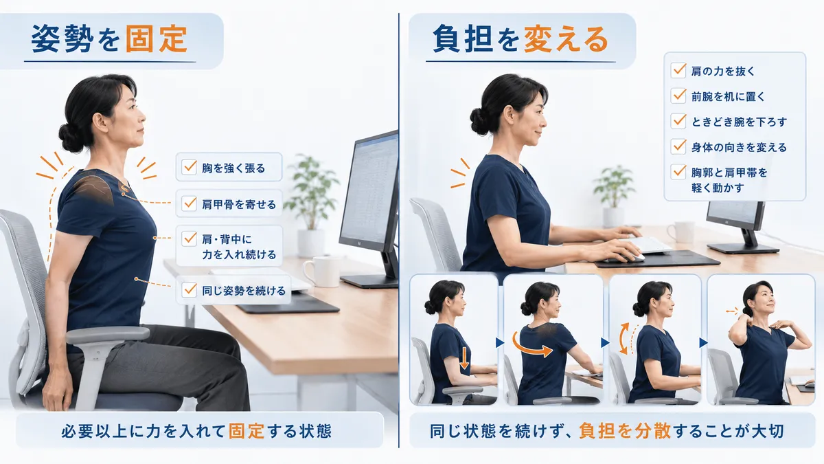 肩甲骨を寄せて姿勢を固定する状態と腕の位置や身体の使い方を変える状態の比較