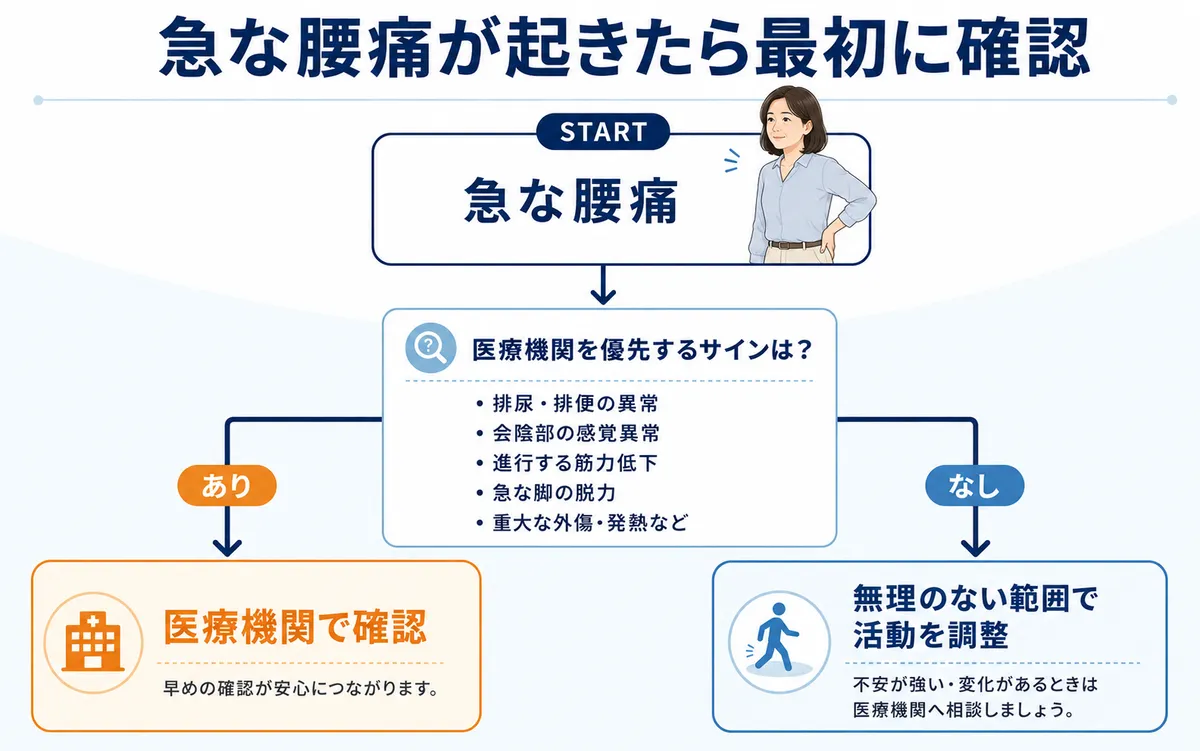 急な腰痛で医療機関を優先する症状の有無から次の行動を判断するフローチャート
