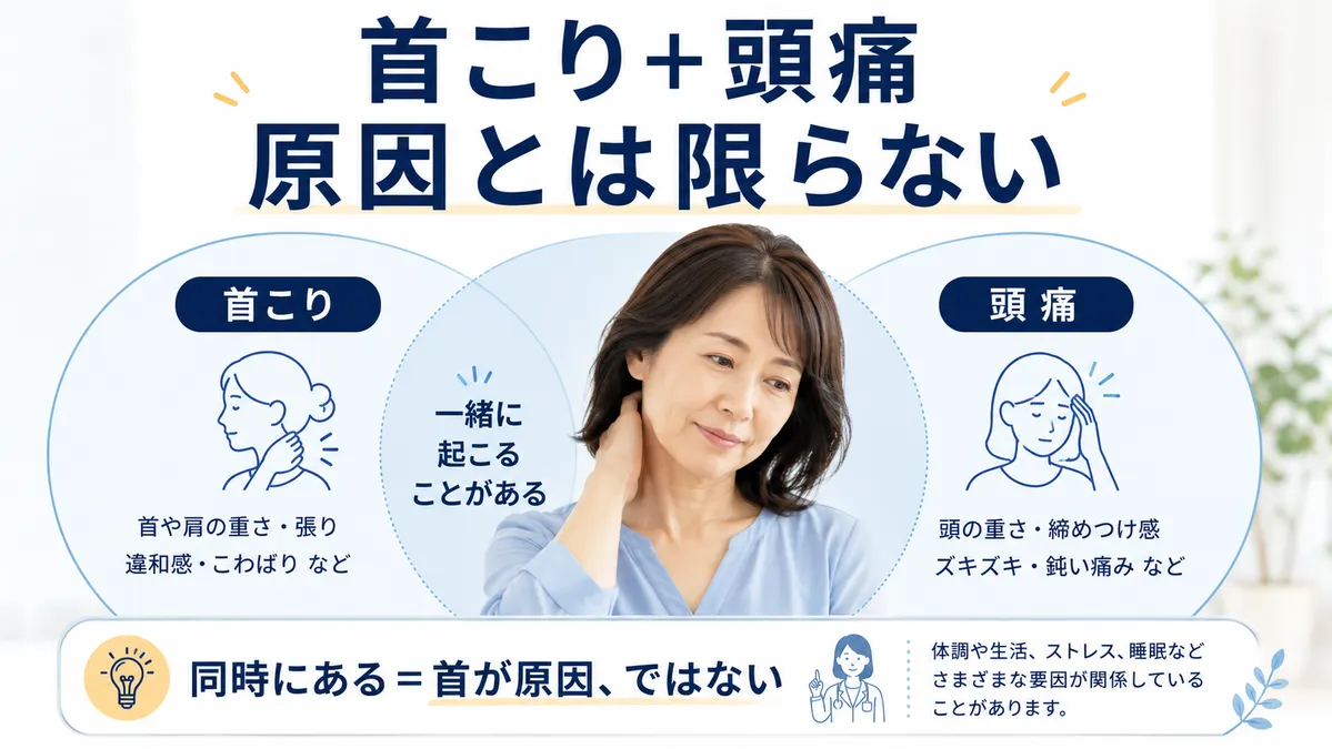 首こりと頭痛が同時にあっても首が頭痛の原因とは限らないことを示す図解