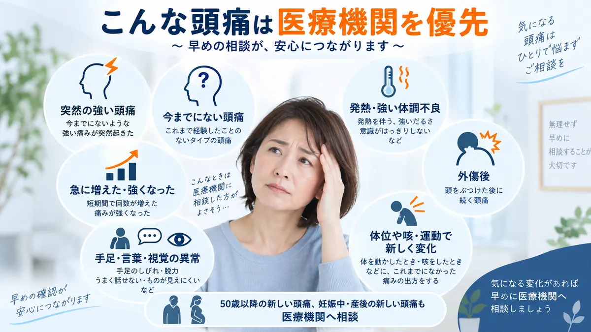 突然の強い頭痛や神経症状など医療機関での確認を優先したい頭痛の特徴