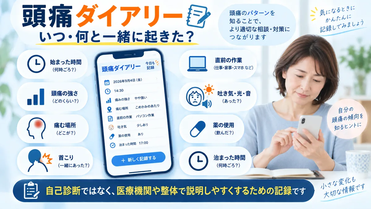 頭痛の時間や強さ、首こり、直前の作業、随伴症状、薬の使用を記録する頭痛ダイアリー