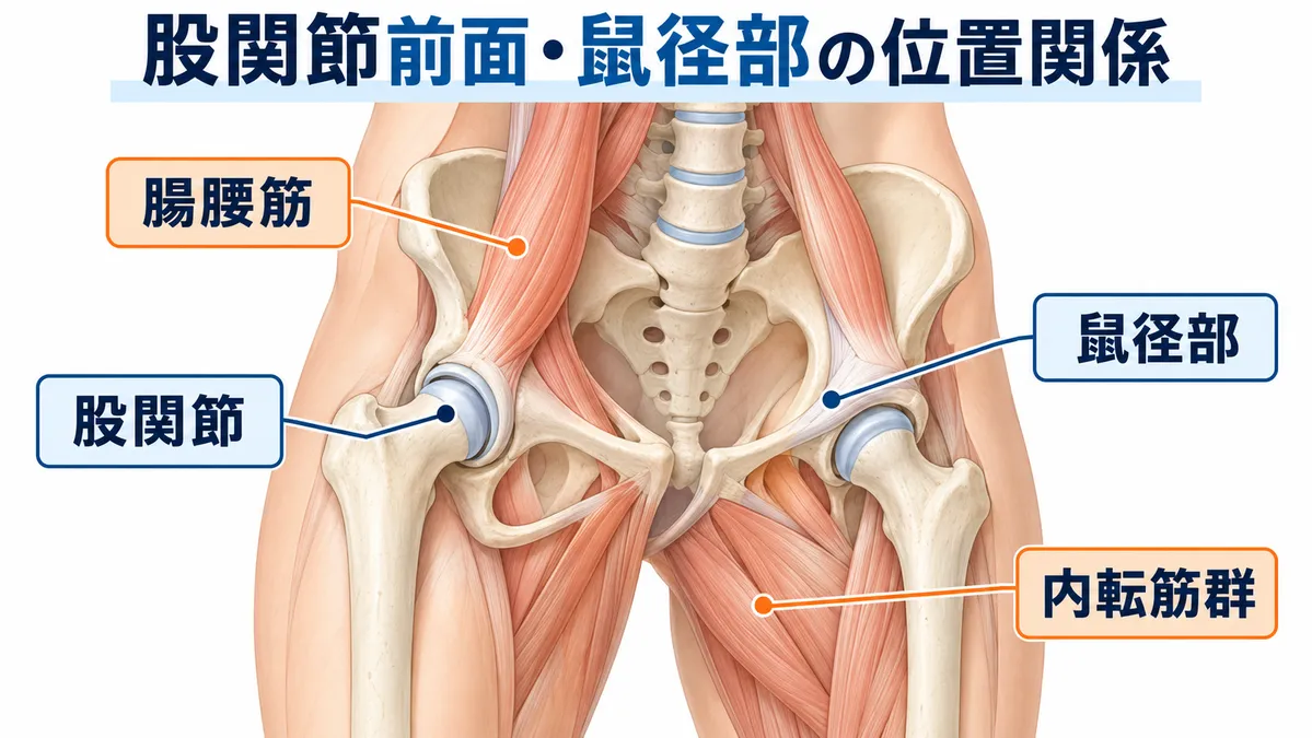 股関節前面の鼠径部と腸腰筋・内転筋群の位置関係