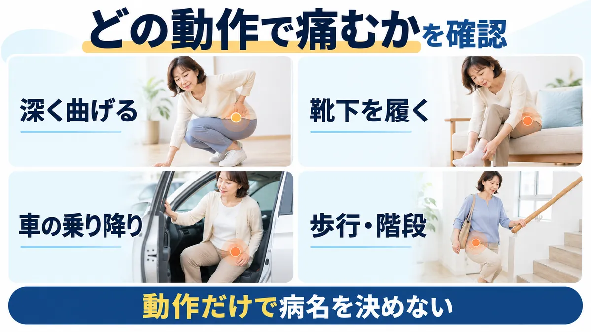 深く曲げる・靴下を履く・車の乗り降り・歩行や階段で鼠径部痛を確認する場面