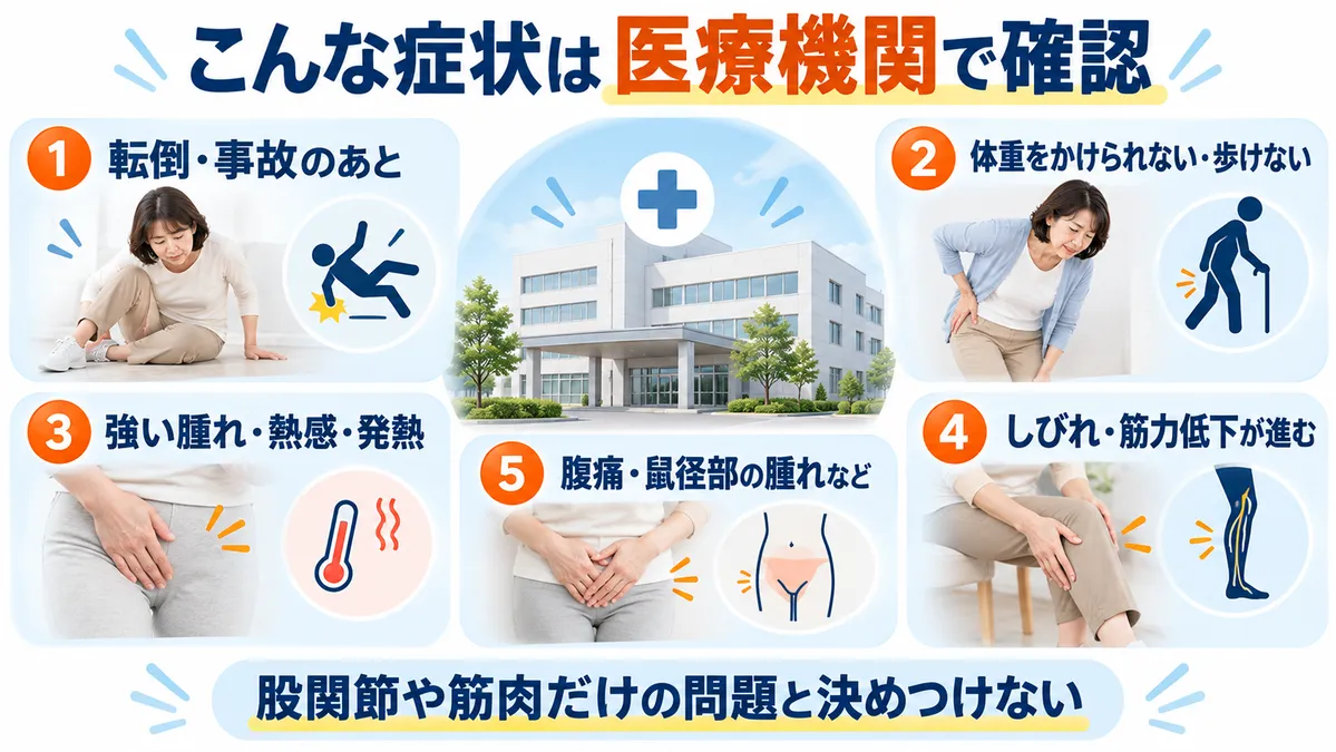 鼠径部痛で外傷・荷重困難・発熱・しびれなど医療機関を優先したい症状