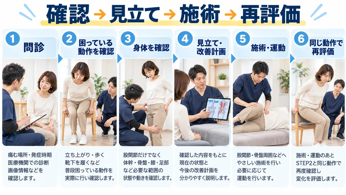 墨東メディカル整体院で問診・動作確認・身体確認・見立て・施術運動・同じ動作で再評価する流れ