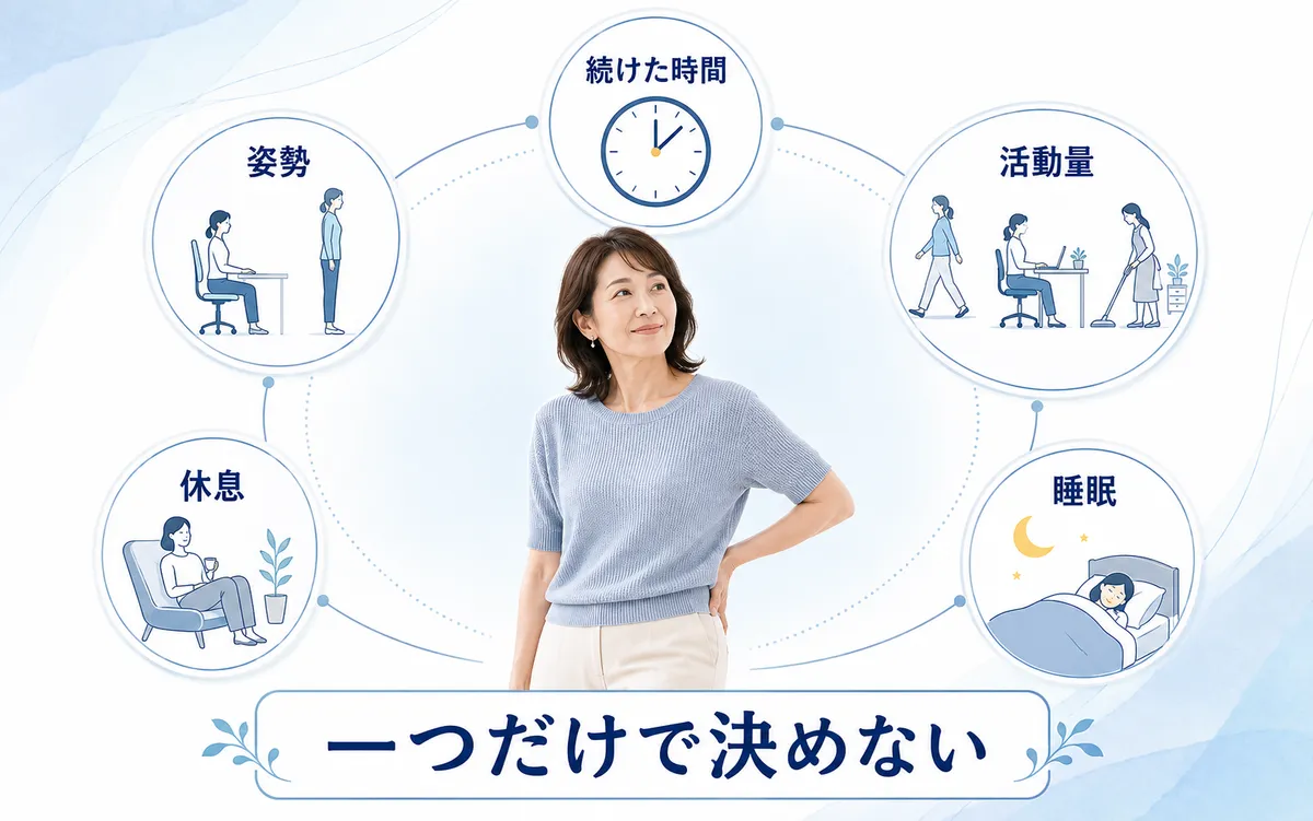 姿勢・姿勢の継続時間・活動量・休息・睡眠から疲れが取れない腰痛を考える図
