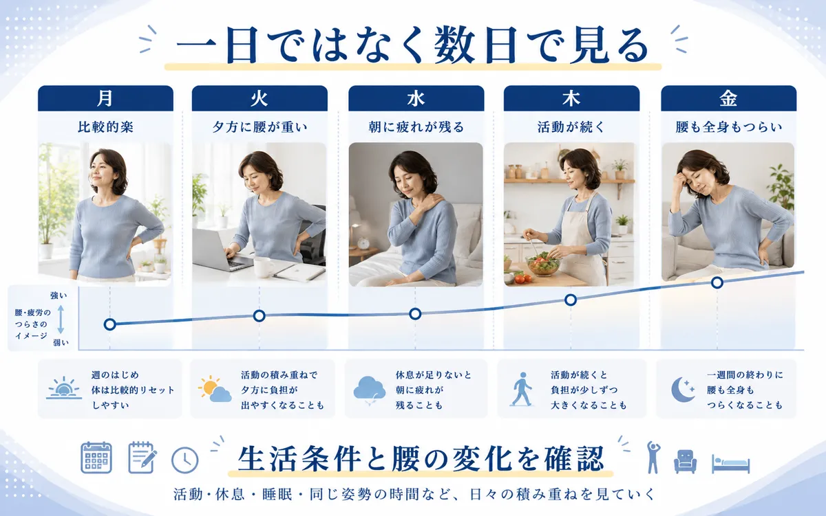 月曜から金曜まで腰のつらさと疲労感の変化を数日単位で確認する図