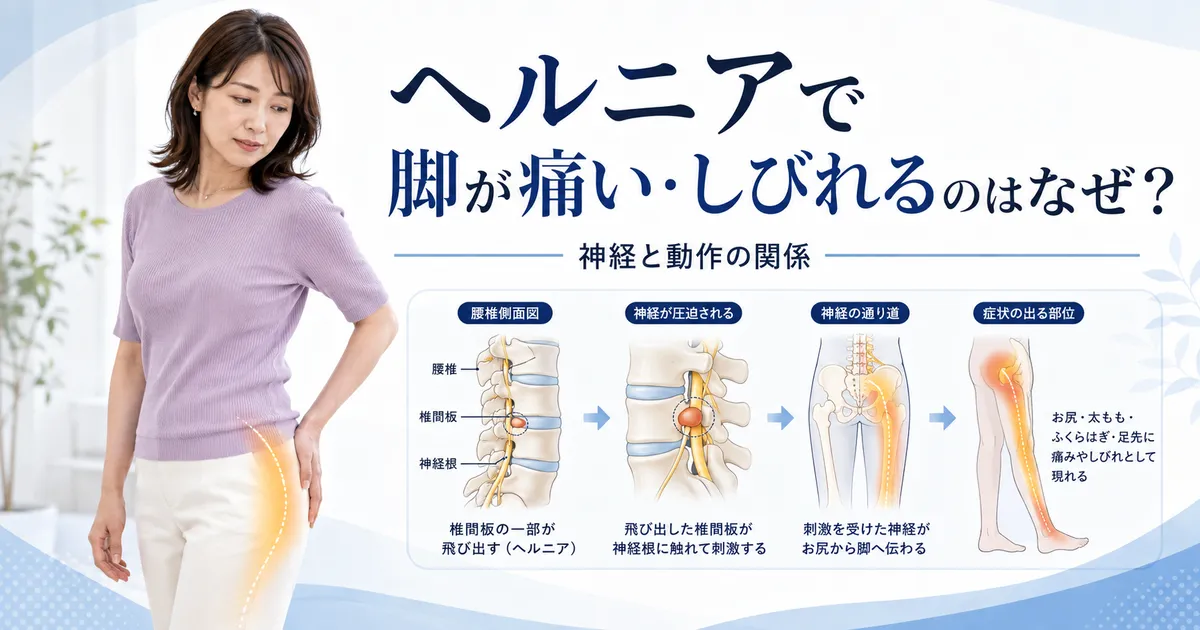腰椎椎間板ヘルニアで臀部から脚へ痛みやしびれが出る仕組みを示すイメージ