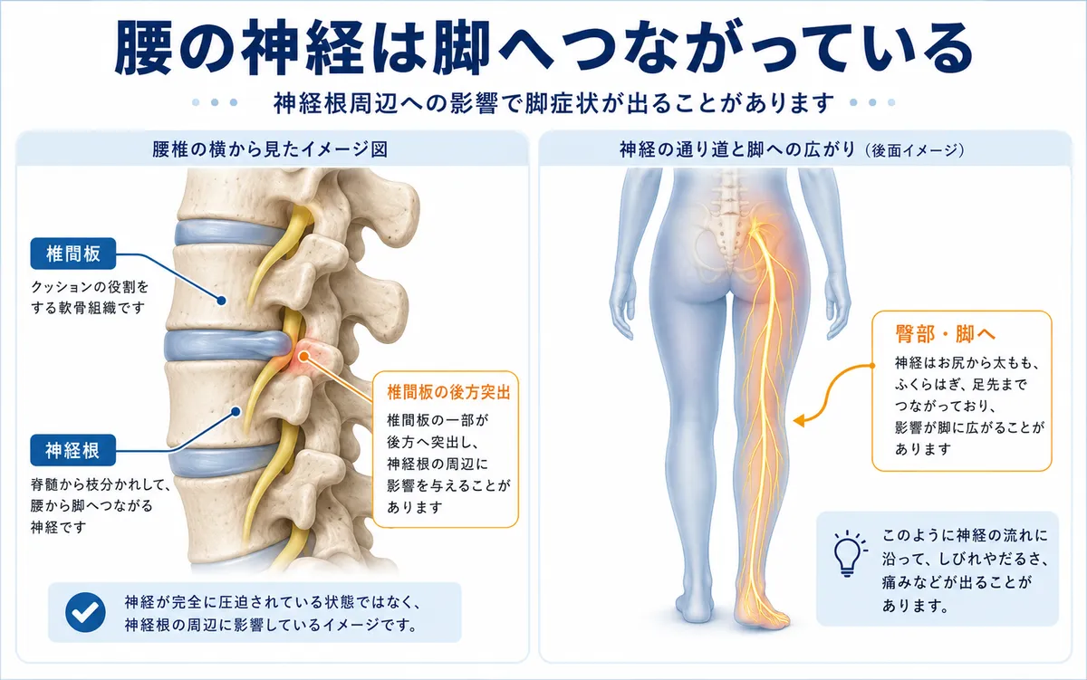 腰椎椎間板と神経根の位置関係から臀部や脚へ症状が出る仕組み