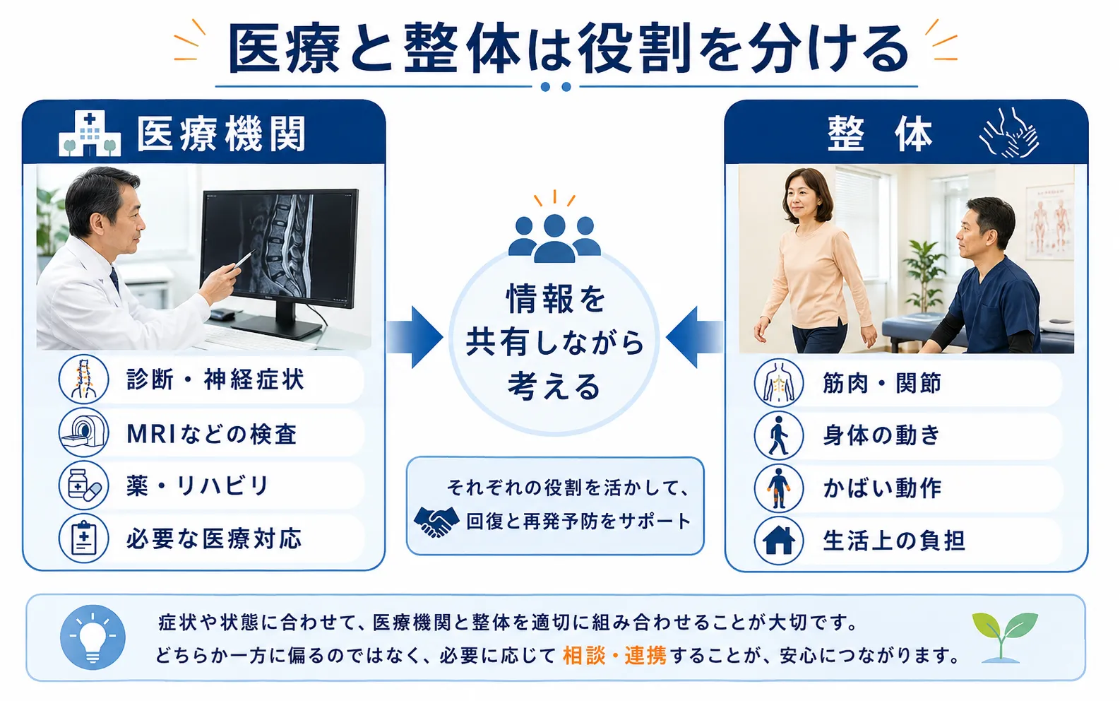 腰椎椎間板ヘルニアで医療機関が診断や検査を担当し、整体が身体の動きや生活上の負担を確認する役割分担