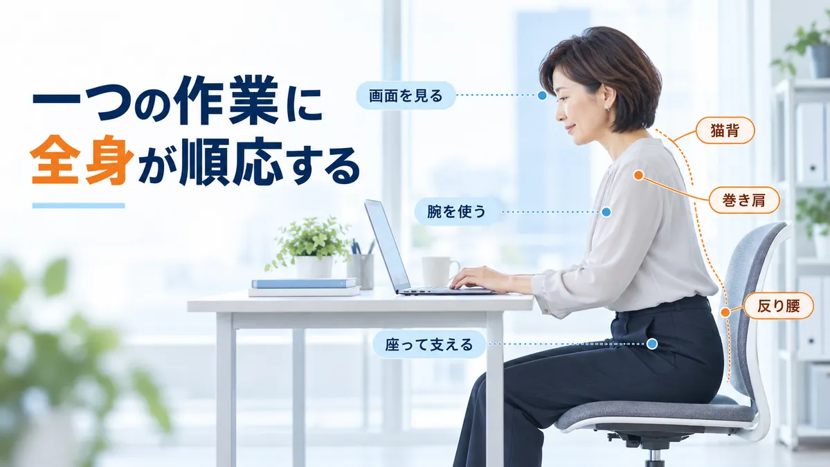 デスクワーク中に猫背・巻き肩・反り腰の特徴が同時に見える様子