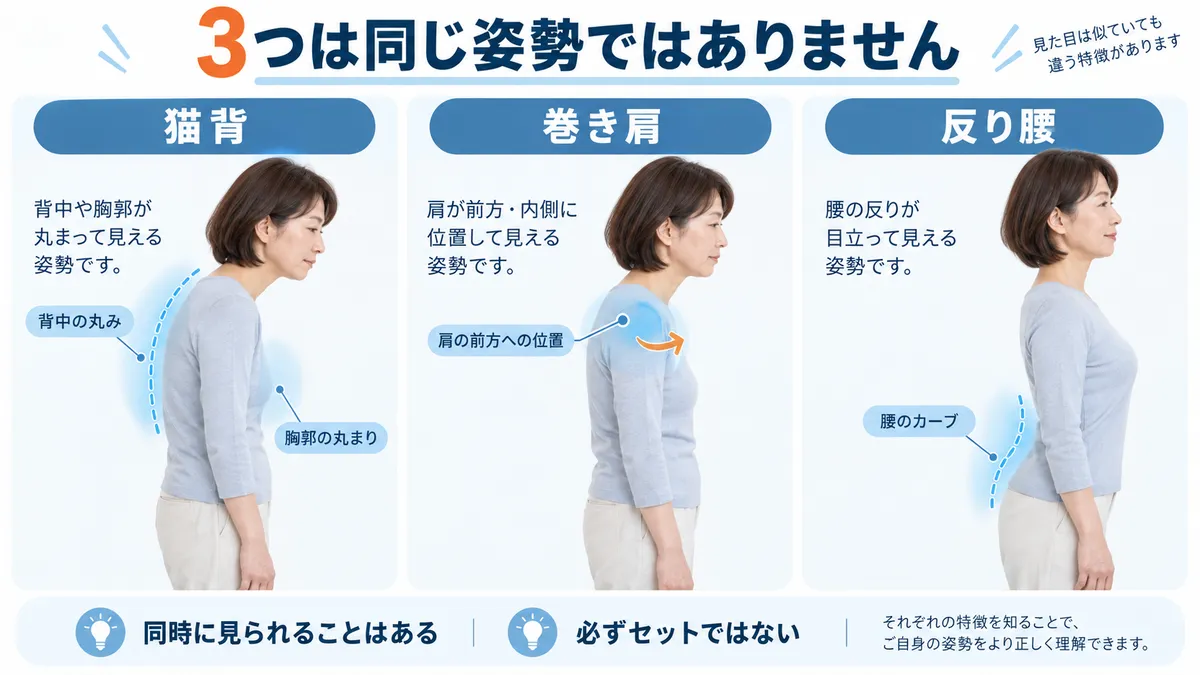 猫背・巻き肩・反り腰がそれぞれ別の姿勢特徴であることを比較した図