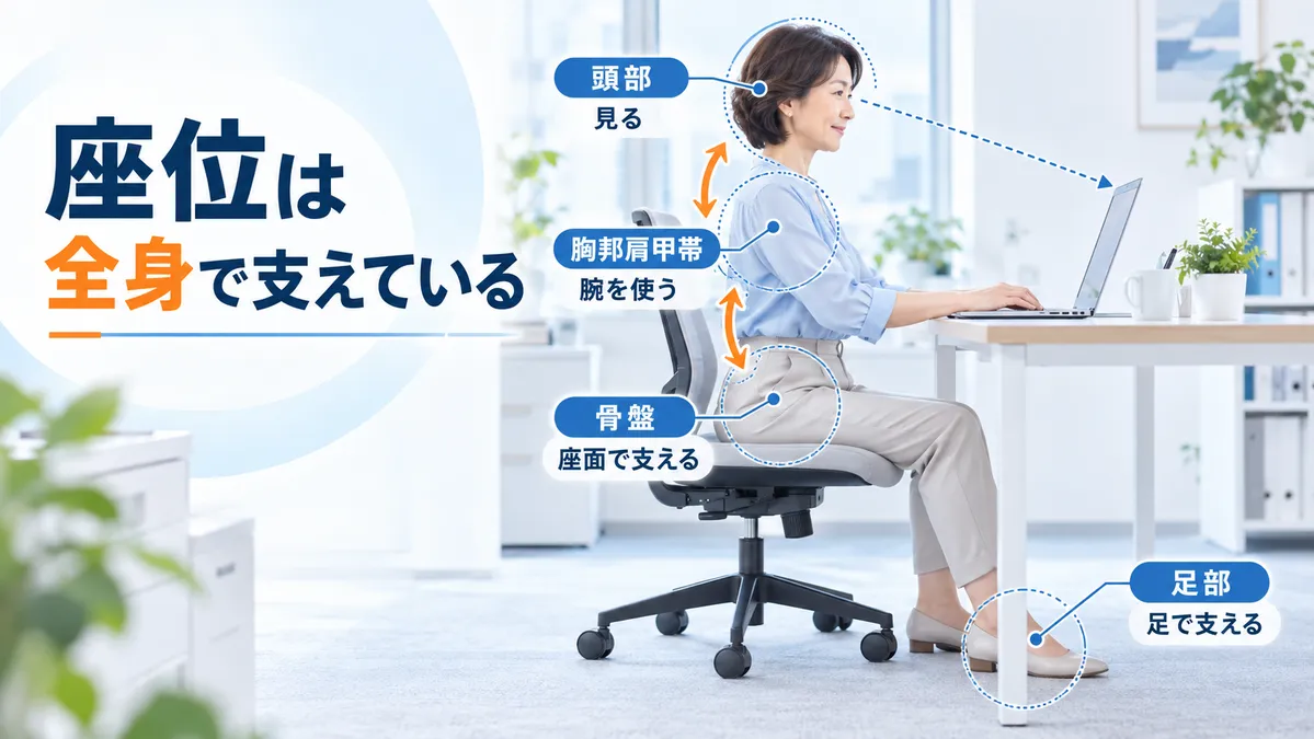 頭部・胸郭肩甲帯・骨盤・足部がデスクワーク座位で支え合う関係