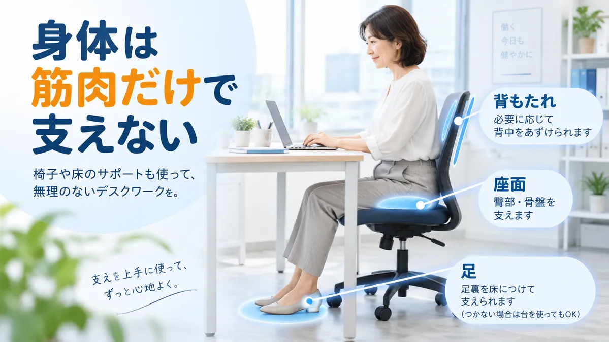 足・座面・背もたれを利用して身体を支えるデスクワーク座位