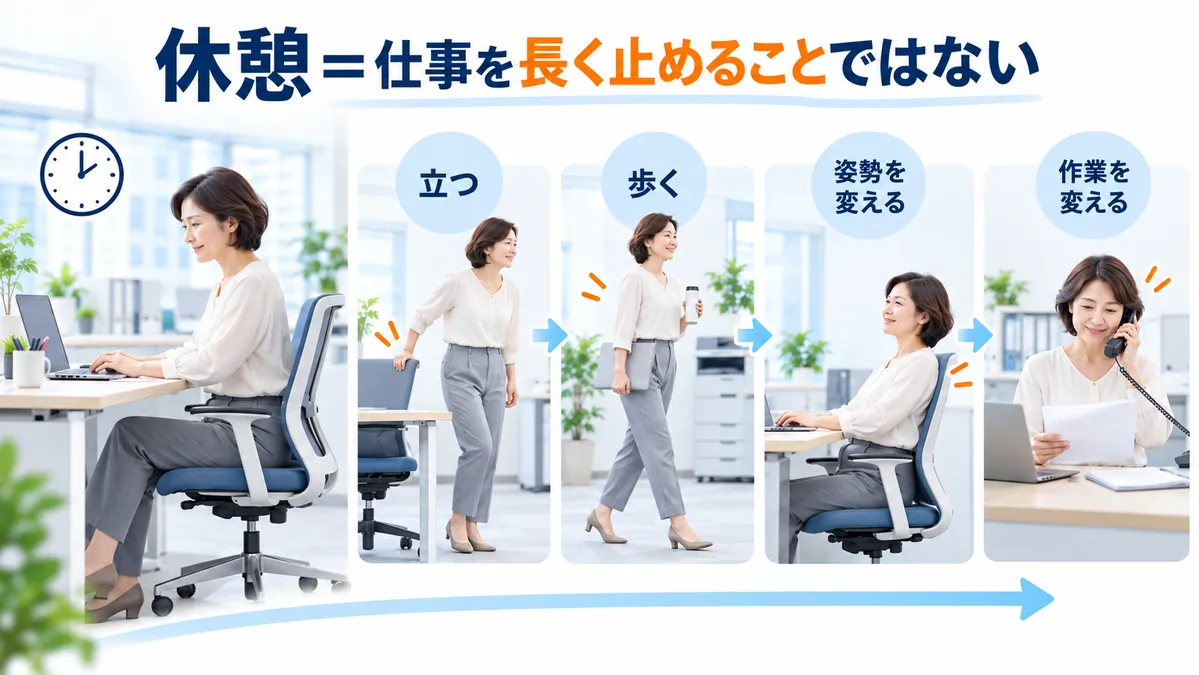 長時間座位と立つ・歩く・姿勢や作業を切り替える休憩の比較