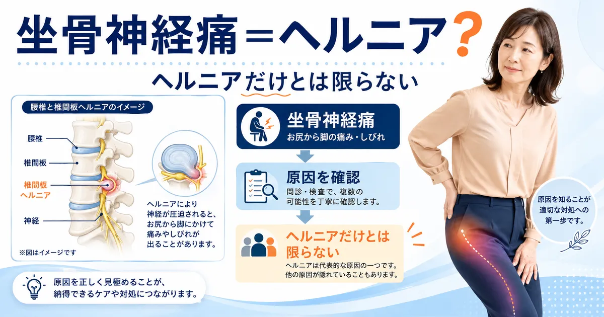 坐骨神経痛は腰椎椎間板ヘルニアだけが原因ではなく症状や検査を合わせて考えるイメージ