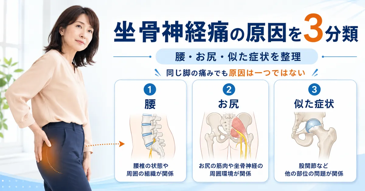 坐骨神経痛の原因を腰・お尻・坐骨神経痛に似た症状の3つに分類したイメージ