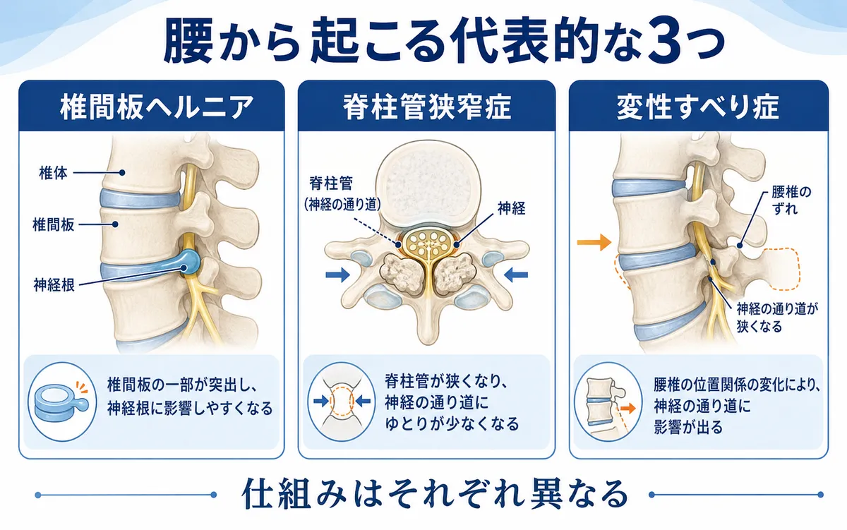 坐骨神経痛の原因となる腰椎椎間板ヘルニア、脊柱管狭窄症、腰椎変性すべり症の違い