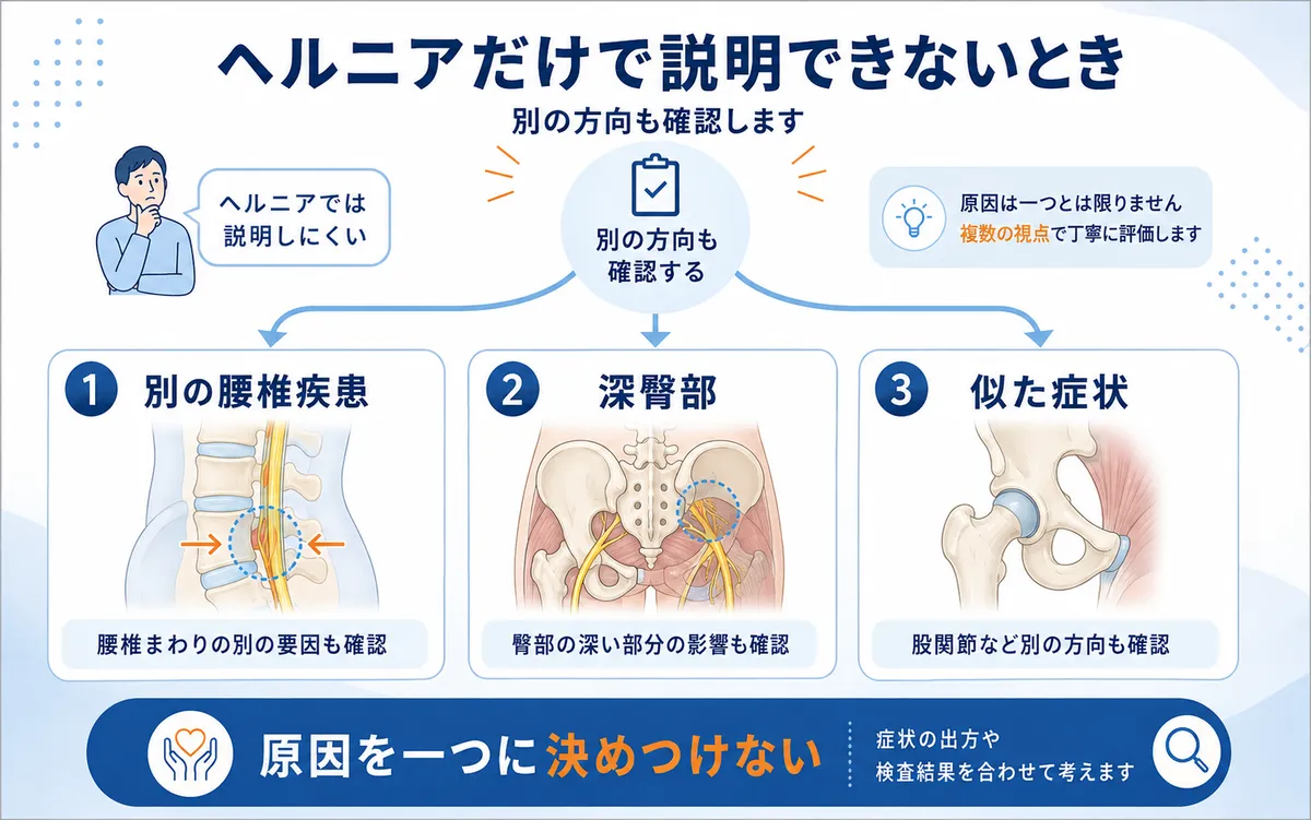 坐骨神経痛がヘルニアだけで説明できない場合に別の腰椎疾患、深臀部、似た症状を確認する図