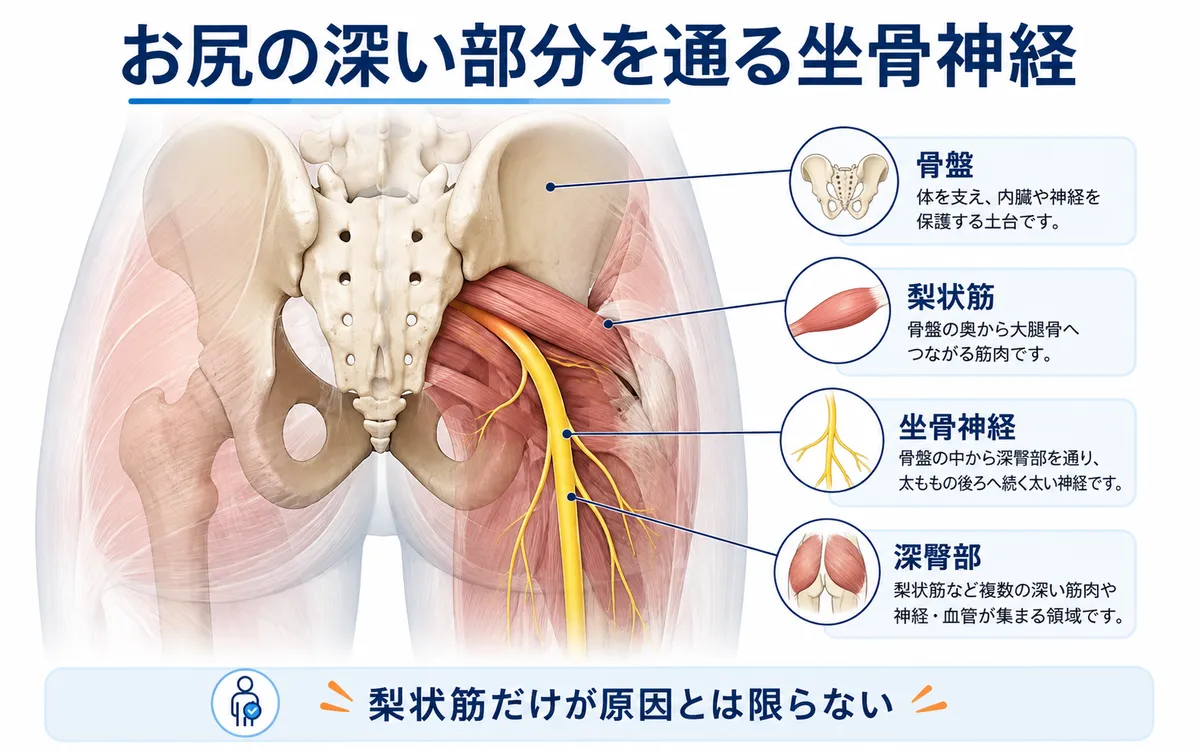 骨盤から臀部を通る坐骨神経と梨状筋など深臀部の位置関係を示した図