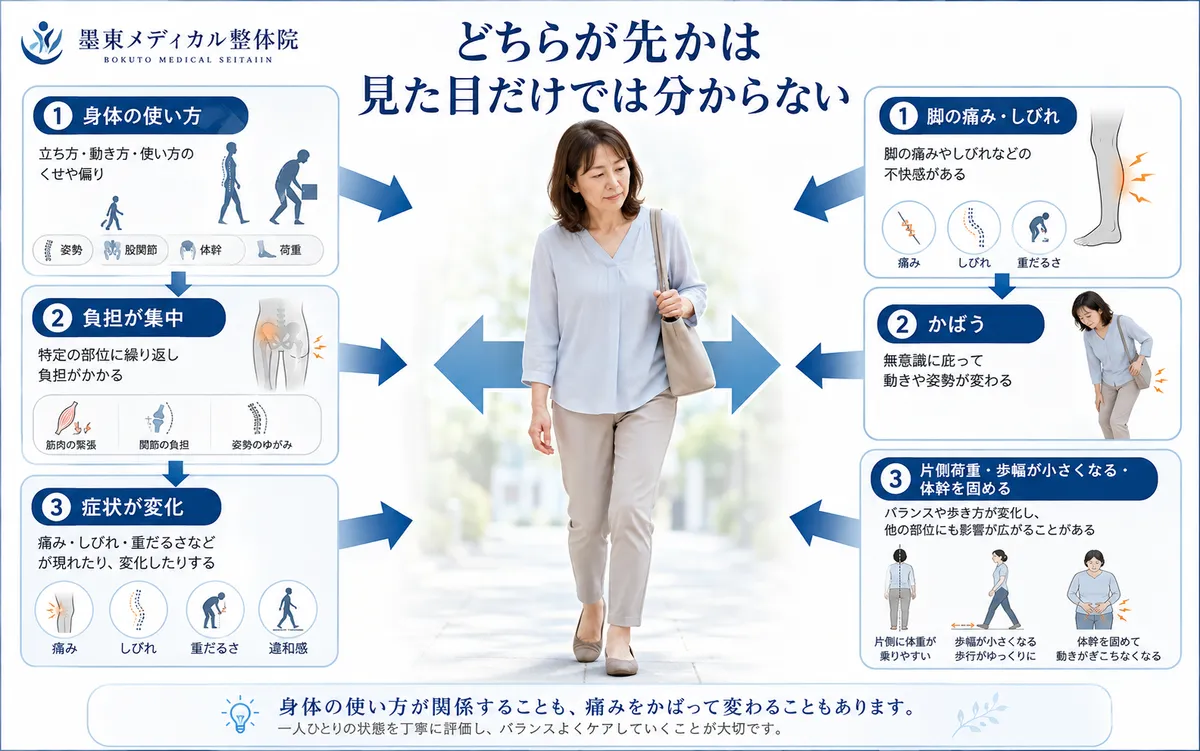 身体の使い方が負担になる場合と痛みをかばって姿勢が変わる場合の双方向関係