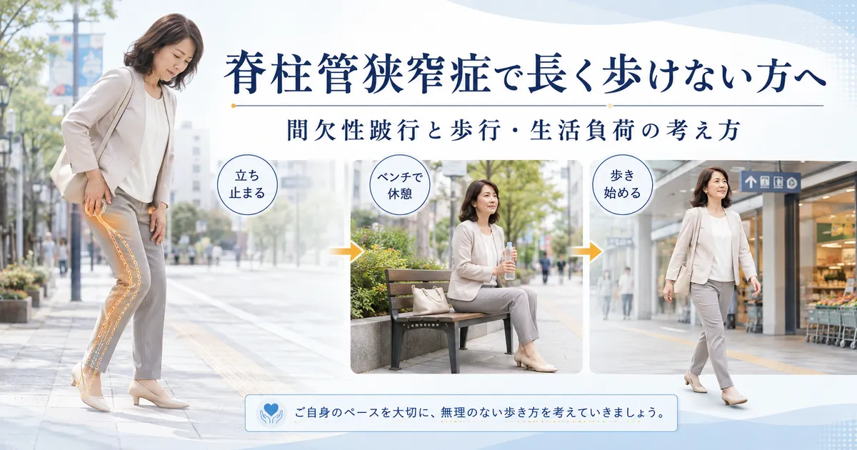 脊柱管狭窄症で歩くと脚症状が出て休憩後に再び歩く間欠性跛行のイメージ