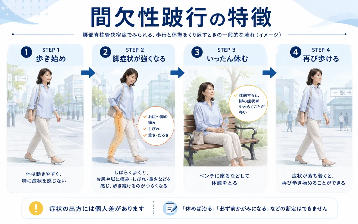 脊柱管狭窄症で歩行中に脚症状が強くなり休憩後に再び歩ける間欠性跛行の流れ