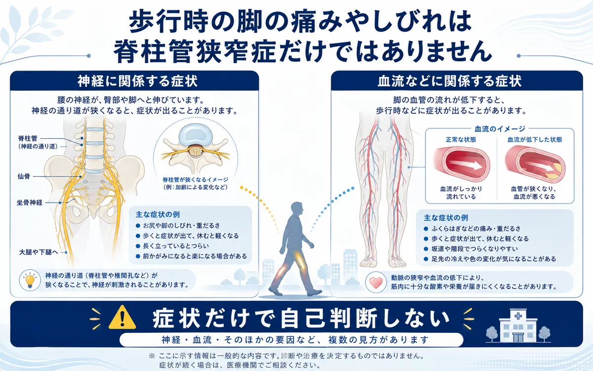 歩行時の脚症状には神経性間欠性跛行だけでなく血流などに関係する原因もあることを示す図