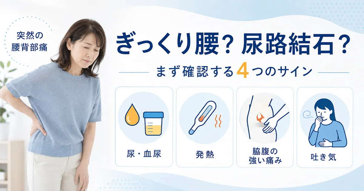 ぎっくり腰と尿路結石で迷う突然の腰背部痛について、尿症状や発熱など最初に確認するポイントを示す図