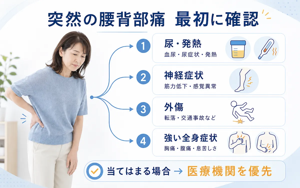 突然の腰背部痛で血尿や発熱、神経症状、外傷など医療を優先するサインを確認する図