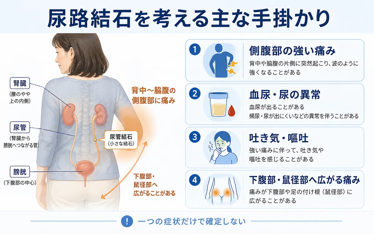 腎臓から尿管、膀胱の位置と尿路結石でみられる側腹部痛、血尿、吐き気、尿症状を示す図