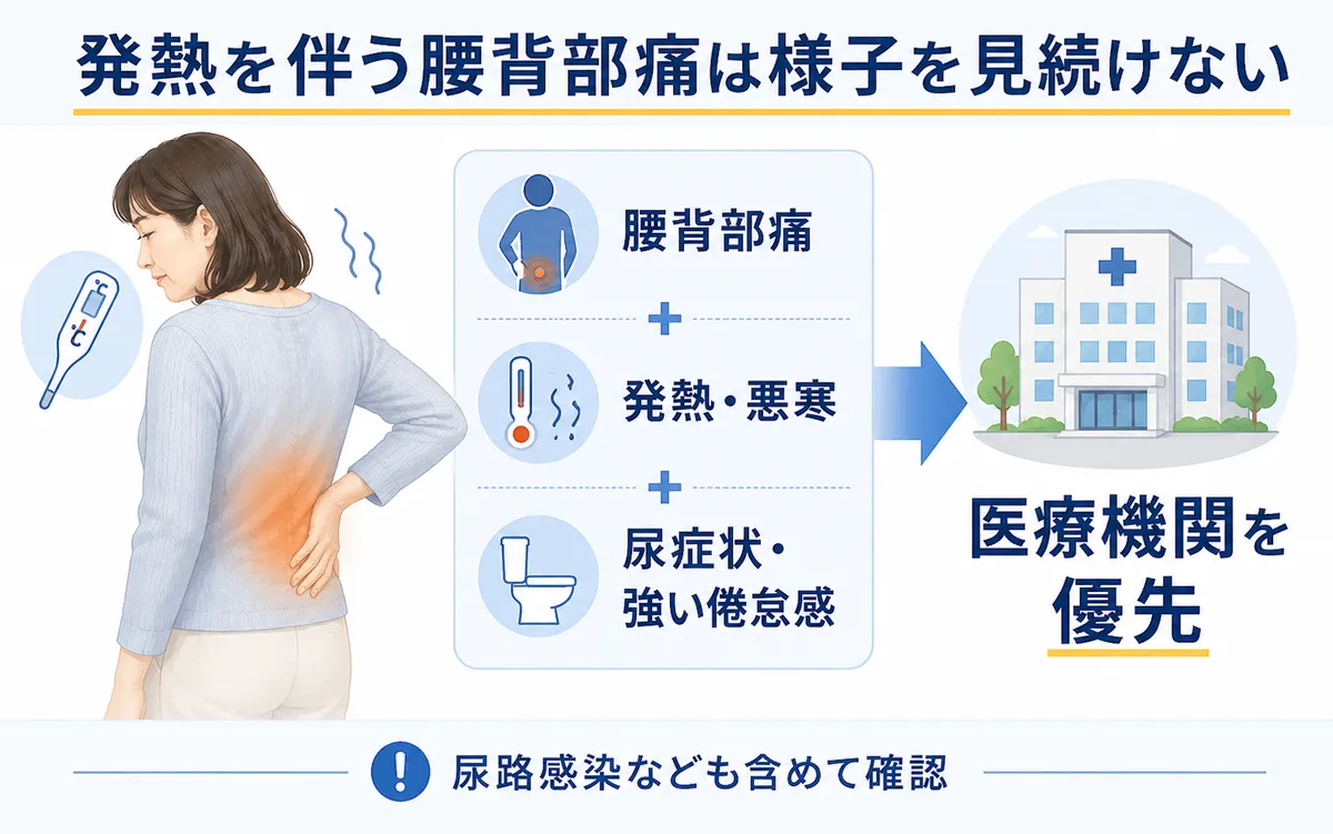 腰背部痛に発熱や悪寒、尿症状を伴う場合は医療機関を優先する判断図