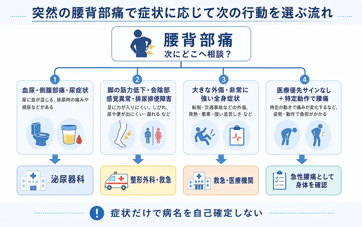 腰背部痛の症状に応じて泌尿器科、整形外科、救急、急性腰痛の身体確認へ分ける判断図