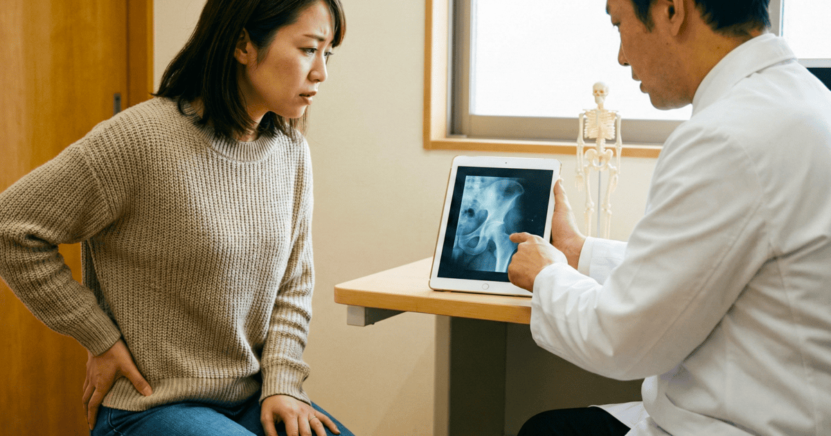 股関節痛で整体で説明を受けている女性