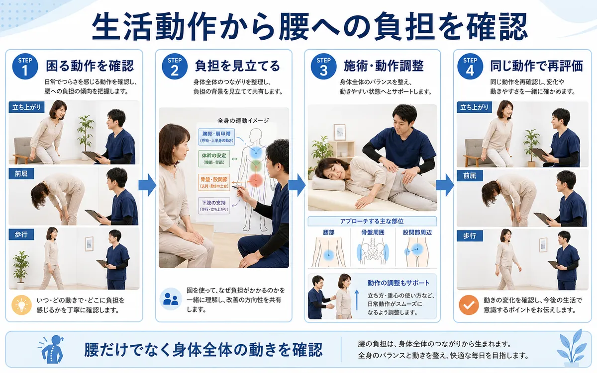 慢性腰痛で困る生活動作を確認し身体全体を見立て施術後に同じ動作で再評価する流れ