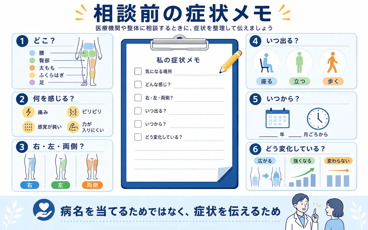 脚の痛みやしびれで排尿排便の変化や進行する筋力低下など医療機関を優先する症状