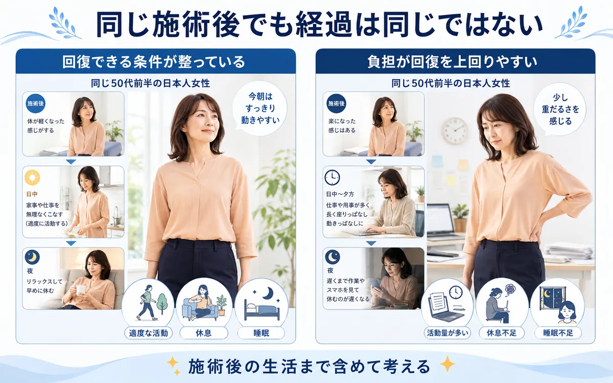 同じ整体を受けても活動量や休息などの回復条件によって腰痛の戻り方が異なる比較図