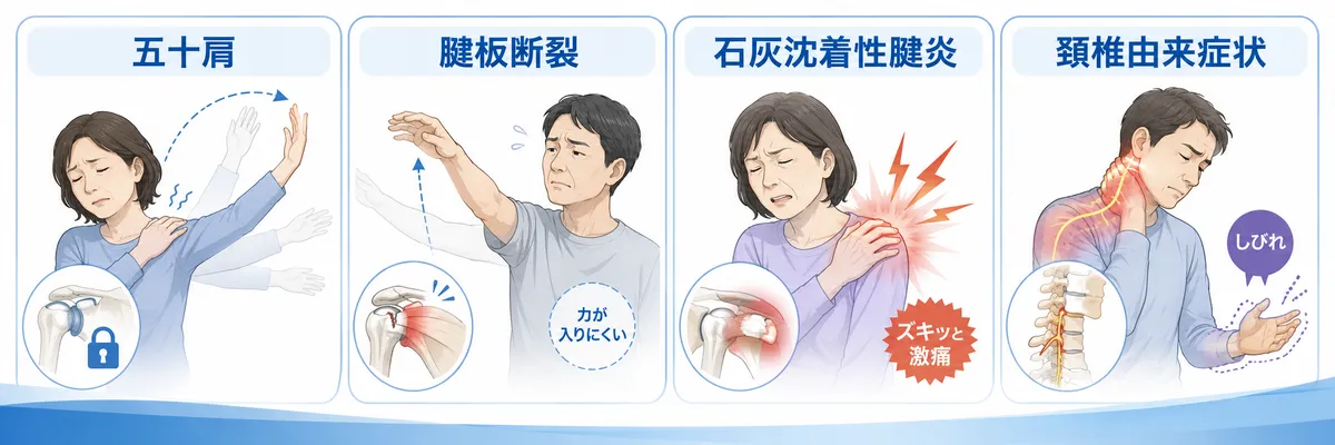 五十肩・腱板断裂・石灰沈着性腱炎・頚椎由来症状の特徴比較