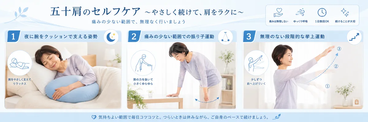 五十肩の夜間の腕の支え方・振り子運動・段階的な挙上運動