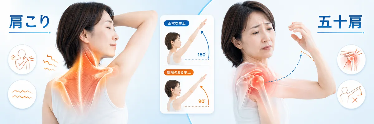 肩こりと五十肩の違いを筋肉の緊張と肩関節の可動域で比較した図