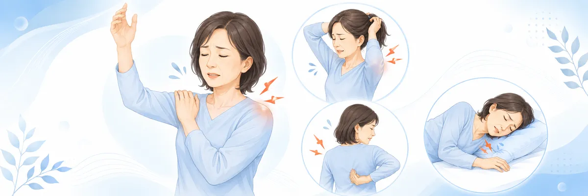 五十肩で腕を上げる・髪を結ぶ・背中に手を回す・横向きで寝る動作がつらい女性